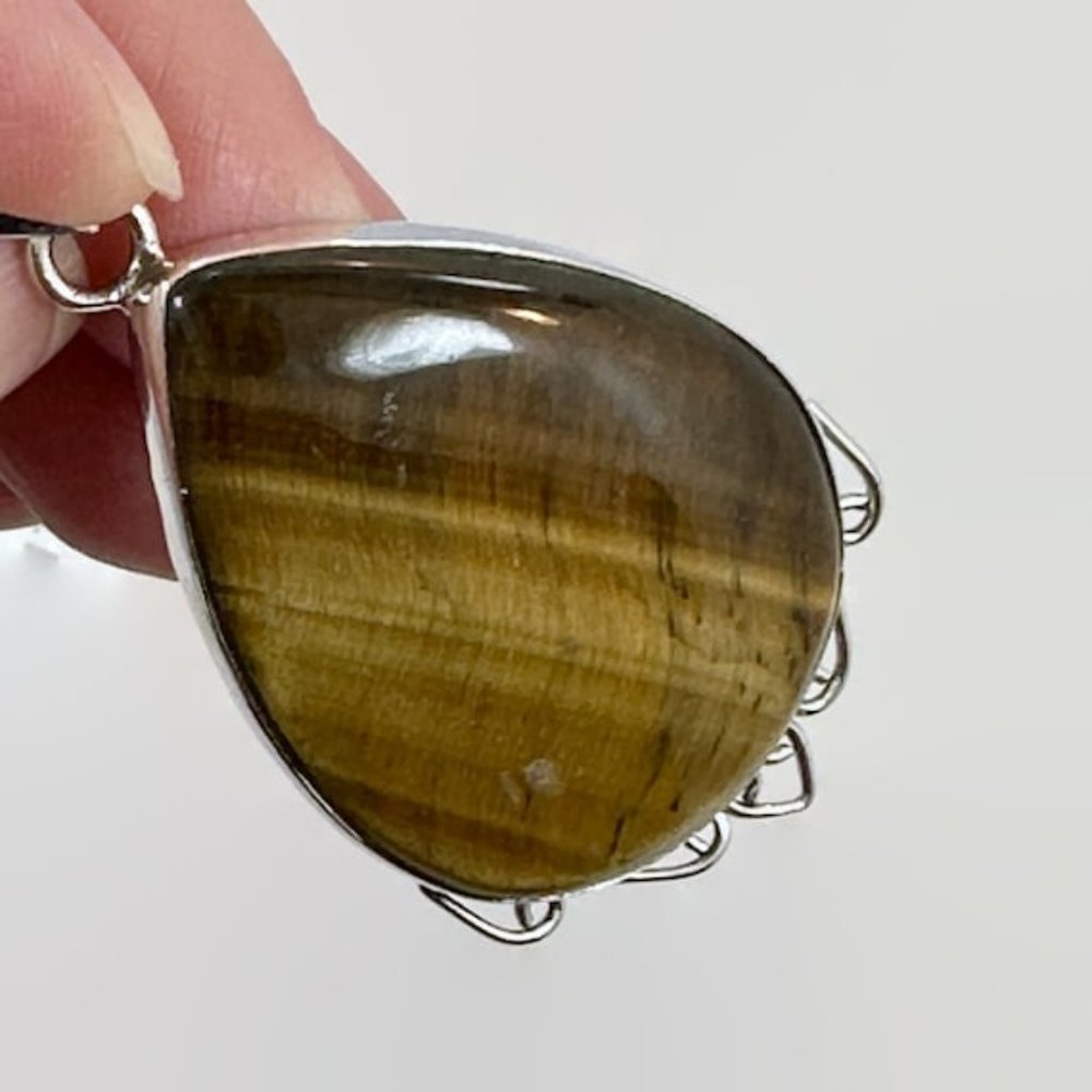 Tigers Eye Pendant, Sterling Silver, Vintage, Big Stone, 2 1/3" Long, Large - Picture 2 of 4